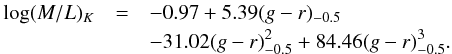 Mathematical equation: \begin{eqnarray} \log (M/L)_K &= & -0.97 + 5.39 (g-r)_{-0.5} \nonumber\\ && - 31.02 (g-r)_{-0.5}^2 + 84.46 (g-r)_{-0.5}^3. \end{eqnarray}