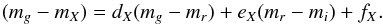 Mathematical equation: \appendix \setcounter{section}{2} \begin{equation} (m_{g}-m_{X}) = d_{X} (m_{g}-m_{r}) + e_{X} (m_{r}-m_{i}) + f_{X} . \label{colourcolourcolour_relation} \end{equation}