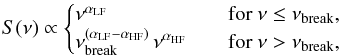 Mathematical equation: \begin{equation} S(\nu) \propto \begin{cases} \nu^{\alpha_{\rm LF}} & \quad \text{for }\nu \leq \nu_{\rm break},\\ \nu_{\rm break}^{(\alpha_{\rm LF} - \alpha_{\rm HF})} \, \nu^{\alpha_{\rm HF}} & \quad \text{for }\nu > \nu_{\rm break}, \end{cases} \label{eq1} \end{equation}