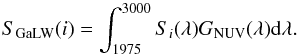 Mathematical equation: \begin{equation} S_{\rm GaLW}(i) =\int _{1975} ^{3000} S_i(\lambda)G_{\rm NUV}(\lambda){\rm d}\lambda. \label{eq:sNG} \end{equation}