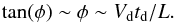 Mathematical equation: \begin{equation} \tan(\phi) \sim \phi \sim V_{\rm d} t_{\rm d}/L . \end{equation}