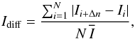 Mathematical equation: \begin{equation} I_{\mathrm{diff}} = \displaystyle \frac{\sum_{i=1}^{N}|I_{i+\Delta n} - I_i|}{N\, \overline{I}}, \label{I_diff} \end{equation}