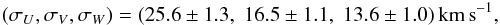 Mathematical equation: \begin{eqnarray*} (\sigma_U,\sigma_V,\sigma_W)=(25.6\pm1.3,\;16.5\pm1.1,\;13.6\pm1.0)\, \rm{km\,s}^{-1}, \end{eqnarray*}