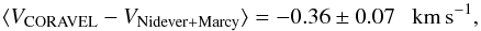 Mathematical equation: \begin{equation} \langle V_{\rm CORAVEL} - V_{\rm Nidever+Marcy}\rangle = -0.36\pm0.07~~{\rm~km\,s}^{-1}, \end{equation}