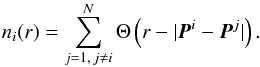 Mathematical equation: \begin{equation} \label{inner_corr_sum} n_i(r) = \sum_{j = 1,\,j \neq i}^{N} \Theta \left( r - | \vec{P}^i - \vec{P}^j | \right). \end{equation}