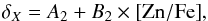 Mathematical equation: \begin{equation} \delta_X = A_2 + B_2\times {\rm [Zn/Fe]}\mbox{,} \label{eq delta emp} \end{equation}