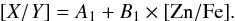 Mathematical equation: \begin{equation} [X/Y] = A_1 + B_1 \times {\rm [Zn/Fe]} \mbox{.} \label{eq seq rel ab} \end{equation}
