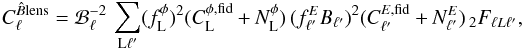 Mathematical equation: \begin{equation} C_\ell^{\hat{B}\rm{lens}} = \mathcal{B}_\ell^{-2} \, \sum_{{\rm L}\ell'} (f_{\rm L}^{\phi})^2 (C_{\rm L}^{\phi,{\rm fid}}+N_{\rm L}^{\phi})\, (f_{\ell'}^{E}B_{\ell'})^2 (C_{\ell'}^{E,{\rm fid}}+N_{\ell'}^{E})\, _2F_{\ell L\ell'}, \label{Eq:autoclbblens} \end{equation}