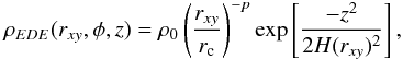 Mathematical equation: \begin{equation} \rho_{EDE}(r_{xy},\phi,z) = \rho_0\left(\frac{r_{xy}}{r_{\rm c}}\right)^{-p}\exp\left[\frac{-z^2}{2H(r_{xy})^2}\right], \end{equation}