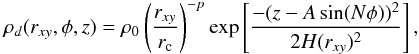 Mathematical equation: \begin{equation} \rho_d(r_{xy},\phi,z) = \rho_0\left(\frac{r_{xy}}{r_{\rm c}}\right)^{-p}\exp\left[\frac{-(z-A\sin(N\phi))^2}{2H(r_{xy})^2}\right], \end{equation}