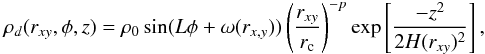 Mathematical equation: \begin{equation} \rho_d(r_{xy},\phi,z) = \rho_0 \sin(L\phi+\omega(r_{x,y}))\left(\frac{r_{xy}}{r_{\rm c}}\right)^{-p}\exp\left[\frac{-z^2}{2H(r_{xy})^2}\right], \end{equation}