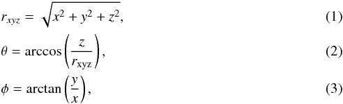 Mathematical equation: \begin{eqnarray} && r_{xyz} = \sqrt{x^2 + y^2 + z^2}, \\ && \theta = {\rm arccos} \left(\frac{z}{r_{\rm xyz}}\right), \\ && \phi = {\rm arctan}\left(\frac{y}{x}\right), \end{eqnarray}