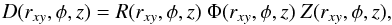 Mathematical equation: \begin{equation} D(r_{xy},\phi,z) = R(r_{xy},\phi,z)\ \Phi(r_{xy},\phi,z)\ Z(r_{xy},\phi,z), \end{equation}