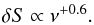 Mathematical equation: \begin{equation} \delta S \propto \nu^{+0.6}. \end{equation}
