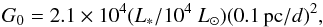 Mathematical equation: \begin{equation} G_0 = 2.1\times10^4 (L_\ast/10^4~L_\sun) (0.1\,{\rm pc}/d)^2, \end{equation}