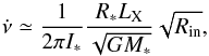 Mathematical equation: \begin{equation} \label{eq:nudotaccr} \dot{\nu}\simeq\frac{1}{2\pi I_*}\frac{R_* L_{\rm X}}{\sqrt{GM_*}}\sqrt{R_{\rm in}}, \end{equation}