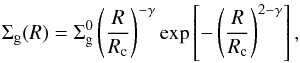 Mathematical equation: \begin{equation} \Sigma_{\text{g}}(R) = \Sigma_{\text{g}}^{0}\left(\frac{R}{R_{\text{c}}}\right)^{-\gamma} \text{exp}\left[-\left(\frac{R}{R_{\text{c}}}\right)^{2-\gamma}\right], \label{eq:gas} \end{equation}