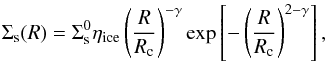 Mathematical equation: \begin{equation} \Sigma_{\text{s}}(R) = \Sigma_{\text{s}}^{0}\eta_{\text{ice}}\left(\frac{R}{R_{\text{c}}}\right)^{-\gamma} \text{exp}\left[-\left(\frac{R}{R_{\text{c}}}\right)^{2-\gamma}\right], \label{e3} \end{equation}