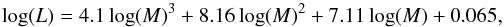 Mathematical equation: \begin{equation} \log(L) = 4.1\log(M)^3 + 8.16\log(M)^2 + 7.11\log(M) + 0.065, \label{eq:scalo} \end{equation}