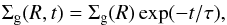 Mathematical equation: \begin{eqnarray} \Sigma_{\text{g}}(R,t)= \Sigma_{\text{g}}(R)\exp(-t/\tau), \label{eq:evol_Sg} \end{eqnarray}