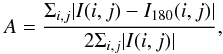 Mathematical equation: \begin{equation} A = \frac{\Sigma_{i,j} | I(i,j) - I_{180}(i,j)|}{2 \Sigma_{i,j}|I(i,j)|}, \end{equation}
