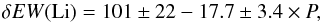 Mathematical equation: \begin{equation} \delta EW({\rm Li}) = 101\pm22 - 17.7\pm3.4\times P , \end{equation}