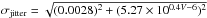 Mathematical equation: \hbox{$ \sigma_{\rm jitter}=\sqrt{(0.0028)^2+(5.27\times 10^{0.4 V -6})^2}$}