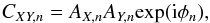 Mathematical equation: \begin{equation} C_{XY,n} = A_{X,n} A_{Y,n} \text{exp}({\rm i}\phi_n ), \end{equation}