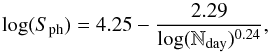 Mathematical equation: \appendix \setcounter{section}{1} \begin{equation} \log (S_\mathrm{ph}) = 4.25-\frac{2.29}{\log (\mathbb{N}_\mathrm{day})^{0.24}}, \label{eq:eq1} \end{equation}
