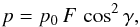 Mathematical equation: \begin{equation} p = p_{0}\,F \, \cos^2{\gamma}, \label{eq:p_obs} \end{equation}
