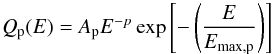 Mathematical equation: \begin{equation} Q_{\rm p}(E)=A_{\rm p}E^{-p}\exp\left[-\left(\frac{E}{E_{\max, \rm p}}\right)\right] \end{equation}