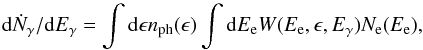Mathematical equation: \begin{equation} \label{icm2} {\rm d}\dot{N}_{\gamma}/{\rm d}E_{\gamma}=\int {\rm d}\epsilon n_{\rm ph}(\epsilon) \int {\rm d}E_{\rm e} W(E_{\rm e},\epsilon,E_{\gamma})N_{\rm e}(E_{\rm e}), \end{equation}