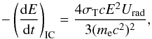 Mathematical equation: \begin{equation} \label{IC_formula} - \left(\frac{{\rm d}E}{{\rm d}t}\right)_{\rm IC}=\frac{4\sigma_{\rm T} c E^2 U_{\rm rad} }{3(m_{\rm e}c^2)^2}, \end{equation}