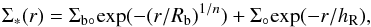 Mathematical equation: \begin{equation} \Sigma_{\ast}(r)=\Sigma_{\rm b\circ}{\rm exp}(-(r/R_{\rm b})^{1/n})+\Sigma_{\circ}{\rm exp}(-r/h_{\rm R}), \end{equation}