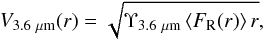 Mathematical equation: \begin{equation} \label{eq-rot-cur} V_{\rm 3.6~\mu m}(r)=\sqrt{\Upsilon_{3.6 ~\rm \mu m}\left<F_{\rm R}(r)\right> r}, \end{equation}