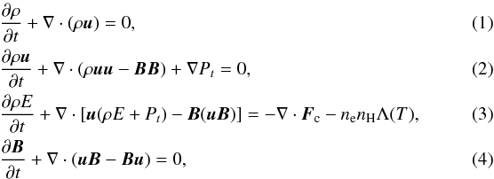 Mathematical equation: \begin{eqnarray} && \frac{\partial \rho}{\partial t} + \nabla \cdot (\rho \boldsymbol{u}) = 0,~~~~ \\ && \frac{\partial \rho \boldsymbol{u}}{\partial t} + \nabla \cdot (\rho\boldsymbol{u}\boldsymbol{u} - \boldsymbol{B}\boldsymbol{B}) + \nabla P_{{t}} = 0, \\ && \frac{\partial \rho E}{\partial t} + \nabla \cdot [\boldsymbol{u} (\rho E+P_{{t}}) - \boldsymbol{B}(\boldsymbol{u}\boldsymbol{B})] = -\nabla \cdot \boldsymbol{F}_{\mathrm{c}} - n_{\mathrm{e}} n_{\mathrm{H}} \Lambda (T), \label{eq.energy} \\ && \frac{\partial \boldsymbol{B}}{\partial t} + \nabla \cdot (\boldsymbol{u}\boldsymbol{B}-\boldsymbol{B}\boldsymbol{u}) = 0, \end{eqnarray}