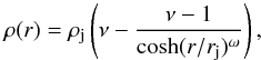 Mathematical equation: \begin{equation} \rho(r) = \rho_{\rm j} \left( \nu - \dfrac{\nu-1}{\mathrm{cosh}(r/r_{\rm j})^{\omega}} \right), \end{equation}