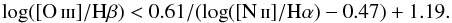 Mathematical equation: \begin{equation} \log([\ion{O}{iii}]/{\rm H}\beta) < 0.61/(\log([\ion{N}{ii}]/{\rm H}\alpha)-0.47)+1.19. \label{eq,LINER} \end{equation}