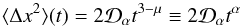 Mathematical equation: \appendix \setcounter{section}{1} \begin{equation} \langle \Delta x^2 \rangle (t) = 2 {\cal D}_{\alpha}t^{3-\mu}\equiv 2{\cal D}_{\alpha}t^{\alpha} \end{equation}
