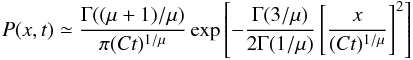 Mathematical equation: \appendix \setcounter{section}{1} \begin{eqnarray} P(x,t) \simeq {\frac{\Gamma((\mu+1)/\mu)} {\pi (Ct)^{1/\mu}}} \exp \left[-\frac{\Gamma(3/\mu)}{2\Gamma(1/\mu)} \left [{\frac{x}{(Ct)^{1/\mu}}}\right]^2 \right]\label{eqpropclose} \end{eqnarray}