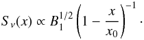 Mathematical equation: \begin{eqnarray} S_{\nu}(x)\propto B_1^{1/2} \left(1-\frac{x}{x_0}\right)^{-1} \cdot \label{bell2} \end{eqnarray}