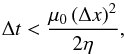 Mathematical equation: \begin{equation} \Delta t < \frac{ \mu_0 \left( \Delta x \right) ^2 }{ 2 \eta }, \label{eq:cfl1} \end{equation}