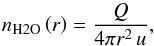 Mathematical equation: \begin{equation} n_{\mathrm{H}2\mathrm{O}} \left( r \right) = \frac{Q}{4 \pi r^2 \, u}, \end{equation}