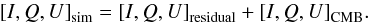 Mathematical equation: \appendix \setcounter{section}{2} \begin{equation} \left [I, Q, U\right ]_{\rm sim}=\left [I, Q, U\right ]_{\rm residual}+\left [I, Q, U\right ]_{\rm CMB}\!. \end{equation}