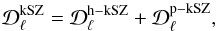 Mathematical equation: \begin{equation} \label{eq:clksz} {\cal D}_\ell^{\rm kSZ}={\cal D}_\ell^{\rm h-kSZ}+{\cal D}_\ell^{\rm p-kSZ}, \end{equation}