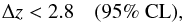 Mathematical equation: \begin{equation} \Delta z < 2.8\quad \mbox{(95\% CL)}, \end{equation}