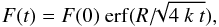 Mathematical equation: \begin{equation} \label{eq_F_two} F(t) = F(0) ~{\rm erf} (R/\!\!\sqrt{4~k~t}) , \end{equation}