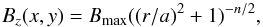 Mathematical equation: \begin{equation} \label{eq_Bz_multipole} \Bz (x,y) = \Bmax ((r/a)^2+1)^{-n/2} , \end{equation}