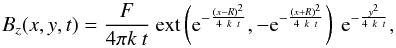 Mathematical equation: \begin{equation} \label{eq_Bz_cancellation} \Bz (x,y,t) = \frac{F}{4\pi k~t} ~{\rm ext} \left( {\rm e}^{-\frac{(x-R)^2}{4~k~t}},-{\rm e}^{-\frac{(x+R)^2}{4~k~t}} \right) ~{\rm e}^{-\frac{y^2}{4~k~t}} , \end{equation}