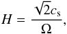 Mathematical equation: \begin{equation} H = \frac{\sqrt{2}c_{\rm s}}{\Omega}, \label{eq:sclh} \end{equation}